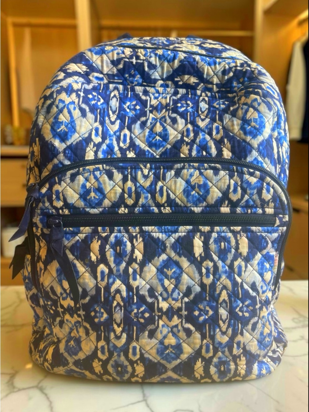 Vera Bradley XL Quilted Ikat Backpack Blue White Geometric Pattern Laptop